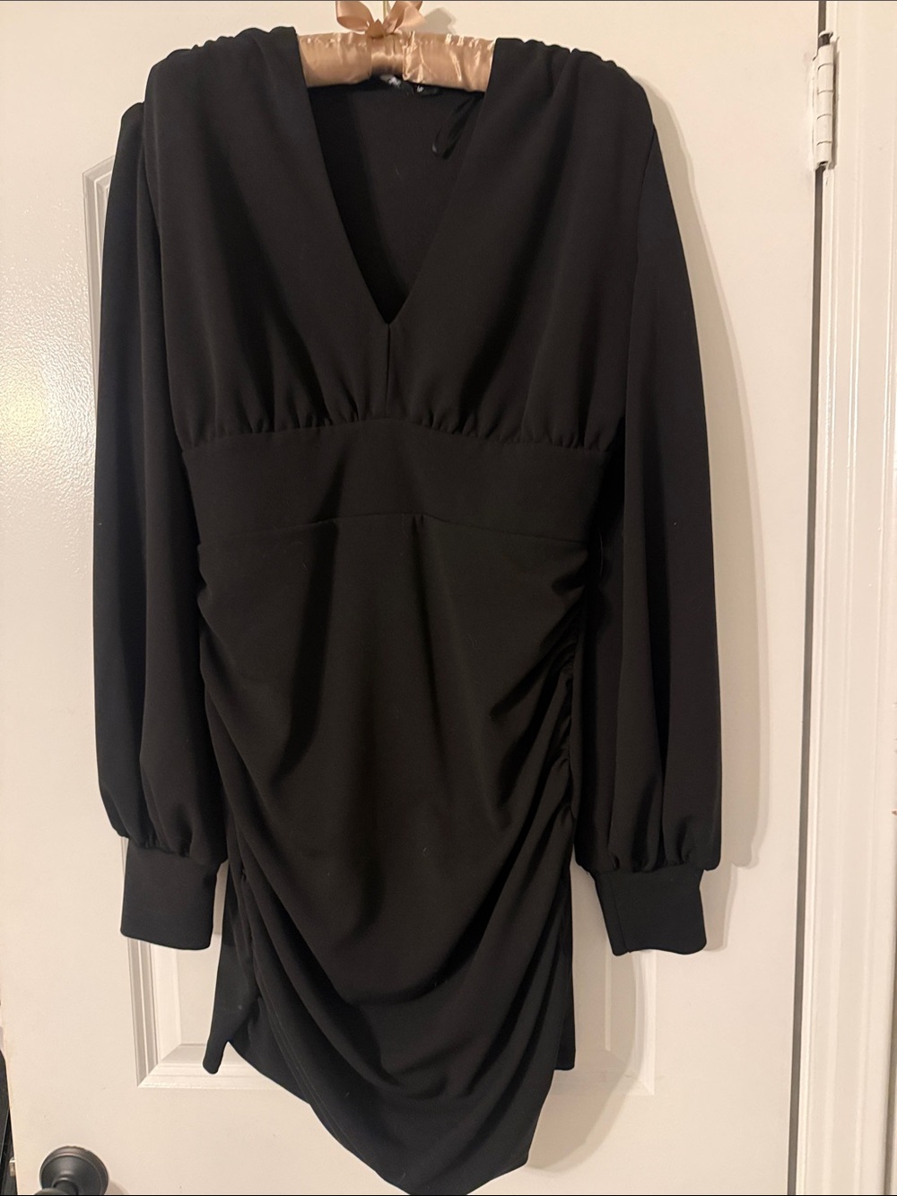 Black Long-Sleeve V-Neck Ruched Mini Dress